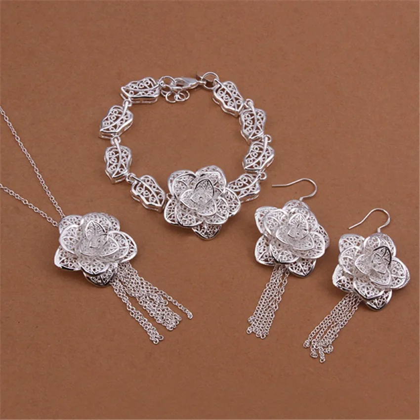 

Hot classic 925 sterling Silver fine flower Pendant necklace earrings bracelet Jewelry sets for women Fashion Party wedding Gift