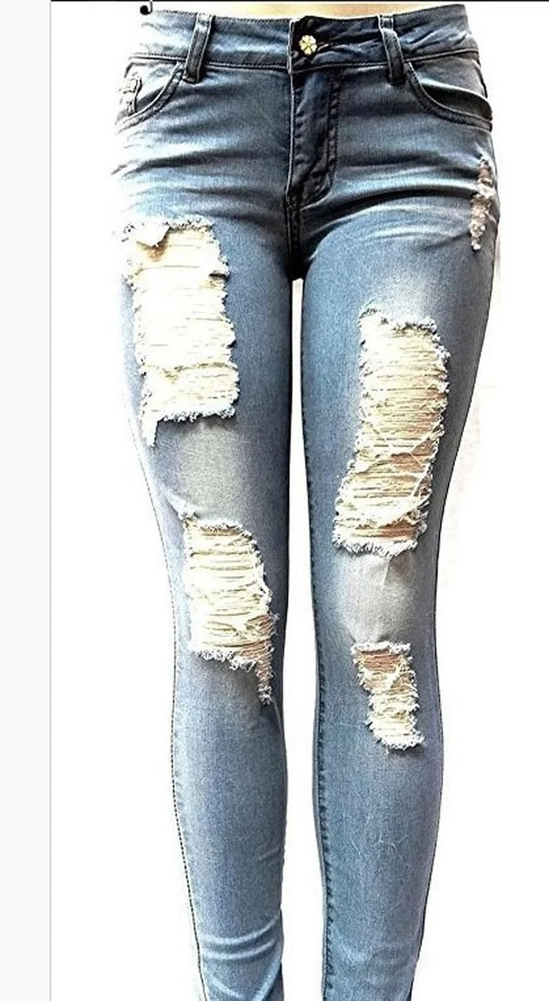 

Donsignet Women Jeans European and American Fashion Women's Mid-waist Casual Trousers Office Lady Hole Ripped Jeans for Women