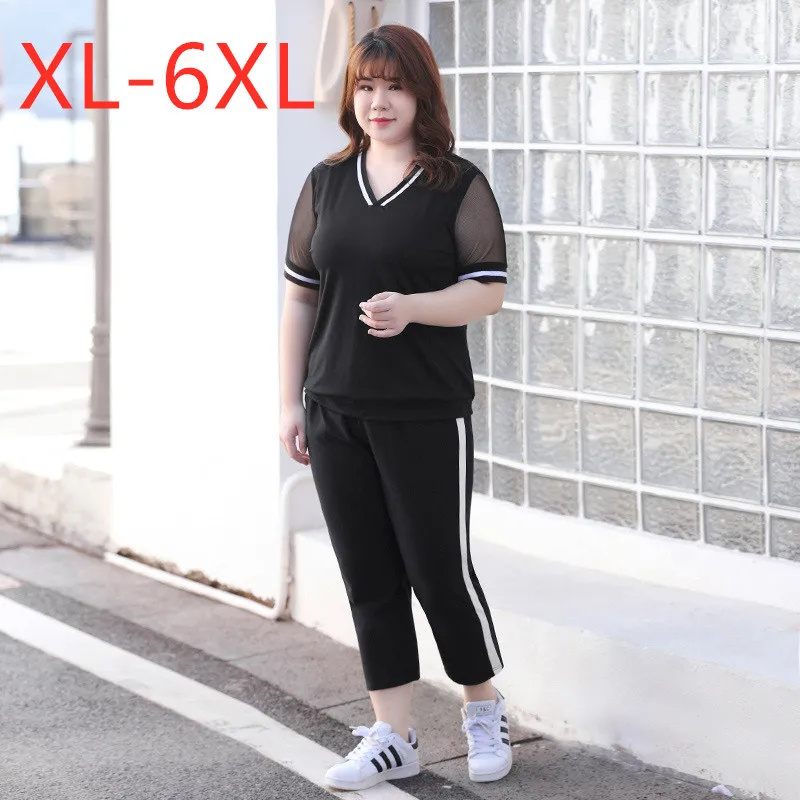 New summer plus size sports suits for women short sleeve loose black T-shirt and capri pants training suit sets 3XL 4XL 5XL 6XL |