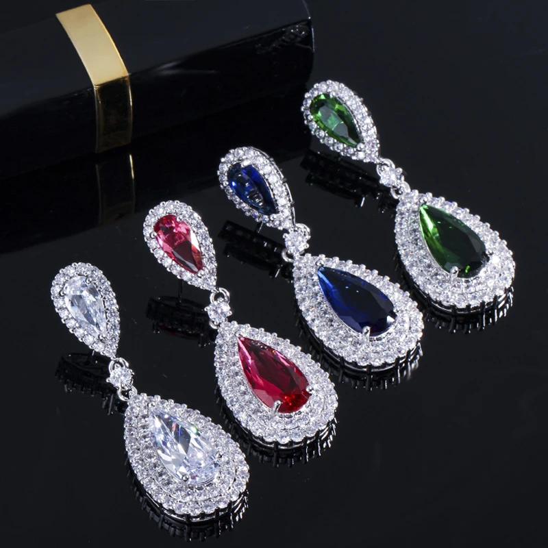 ThreeGraces Elegant Women Royal Blue Long Teardrop Cubic Zirconia Crystal Large Bridal Dangle Earrings Wedding Jewelry ER203 | Украшения и