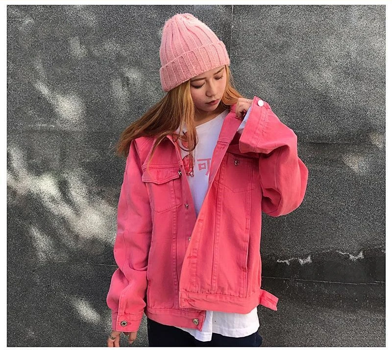 Pink denim jacket 2021 spring new Korean women's loose large size long sleeve loose Harajuku