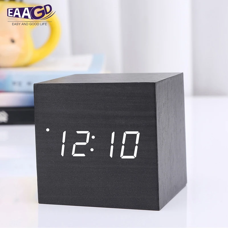 EAAGD будильник маленькие деревянные кубики Часы светодиодный немой прикроватный