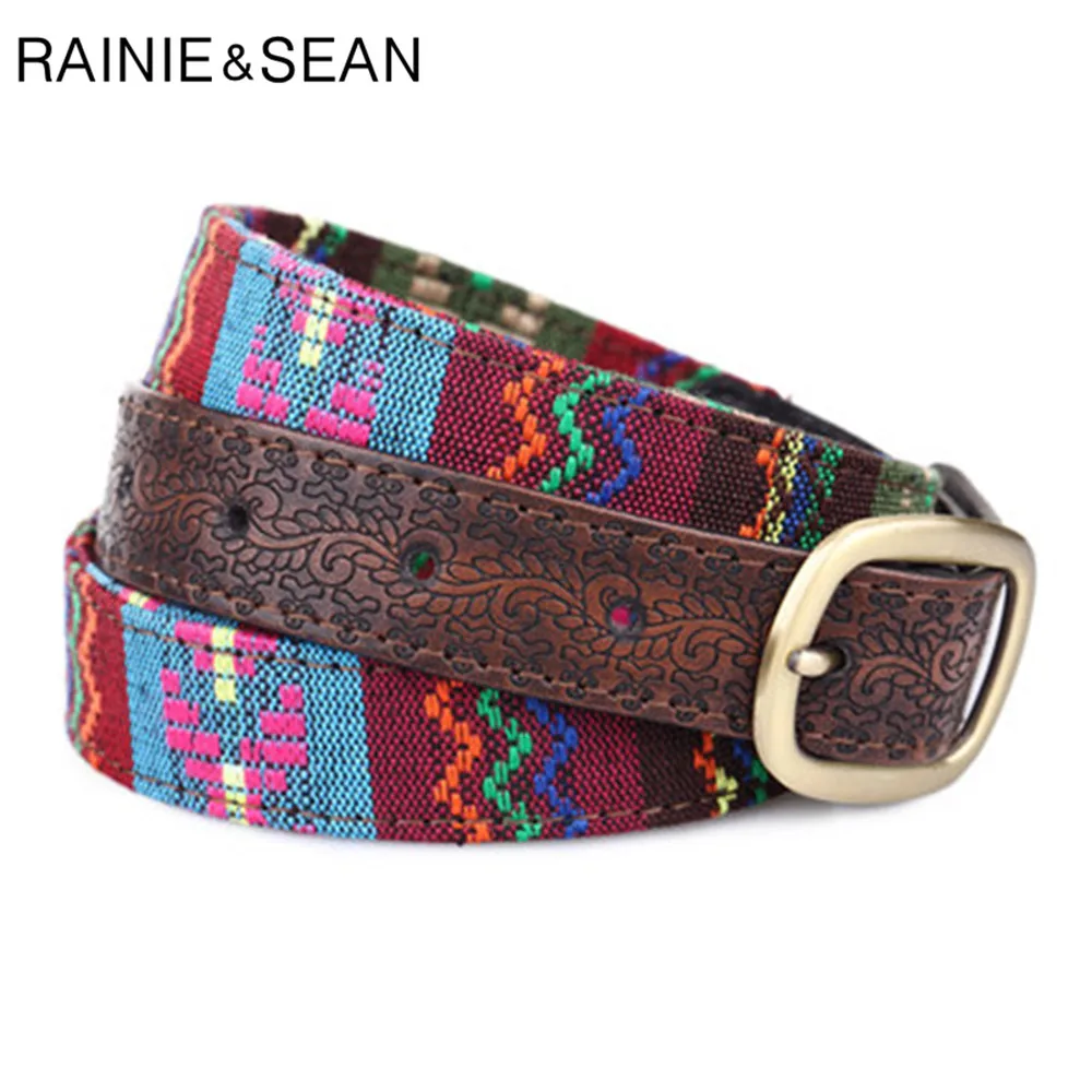 

RAINIE SEAN Ethnic Belt Women Floral Embroidery Ladies Belt Leather Patchwork Belt for Trousers Pin Buckle Female Cinturon
