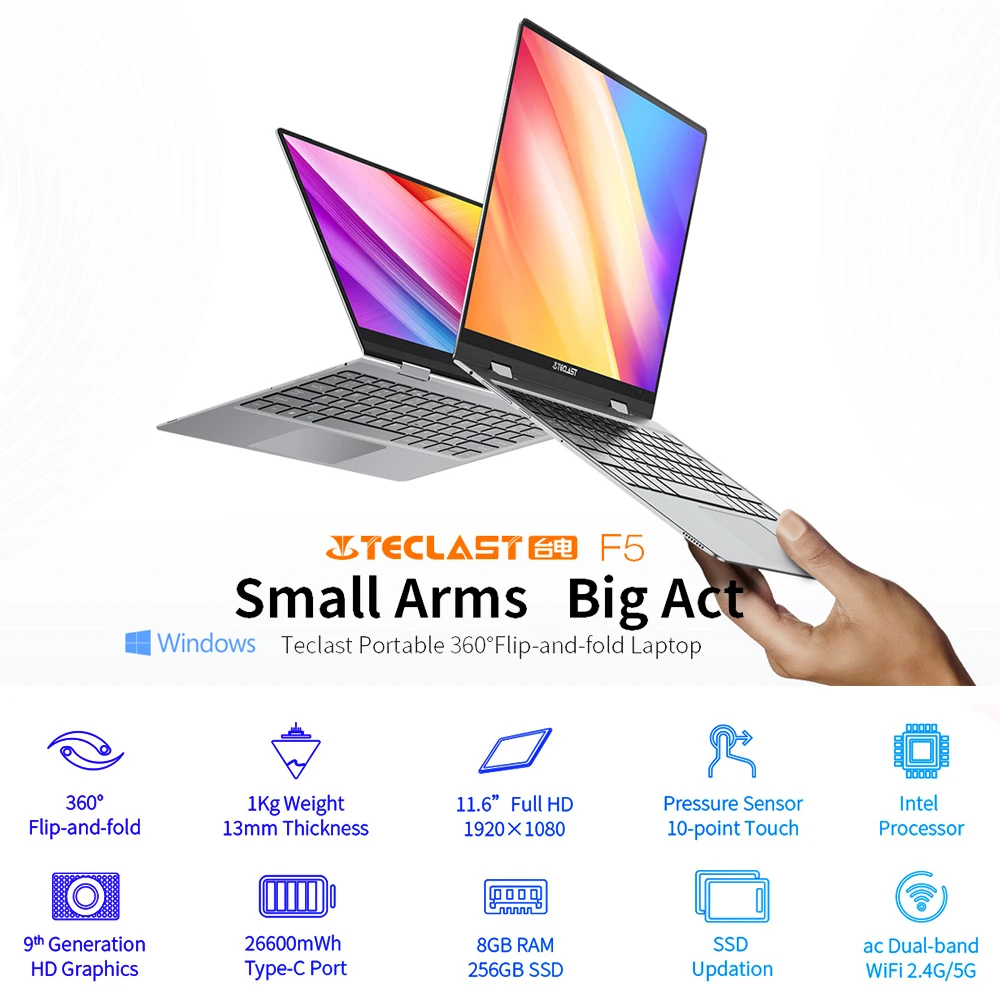 

Teclast F5 Windows10 Laptop 11.6" Notebook PC 8GB RAM 256GB SSD 1920*1080 Quick Charge 360 Rotating Touch Screen