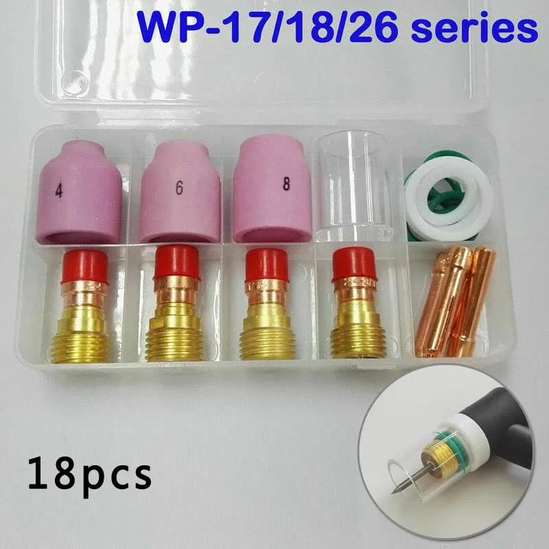 18pcs TIG Stubby Gas Lens Ceramic Nozzle +Heat Cup Kit WP17/18/26 2.4mm 3/32inch Welding Accessories tig welding gas heater