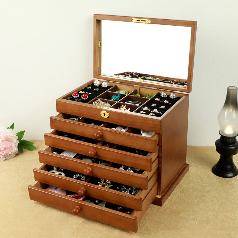 Wooden Storage Box Jewelry Box Organizer Chinese Style Retro High Capacity Luxurious New Zealand Pine Carrying Cases With Mirror