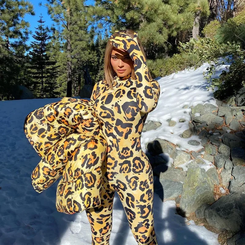 

Vintage Leopard Print Body Femme Jumpsuit Women Sexy Active Turtleneck with Gloves Leggings Bodycon Club Party Jumpsuit Overalls