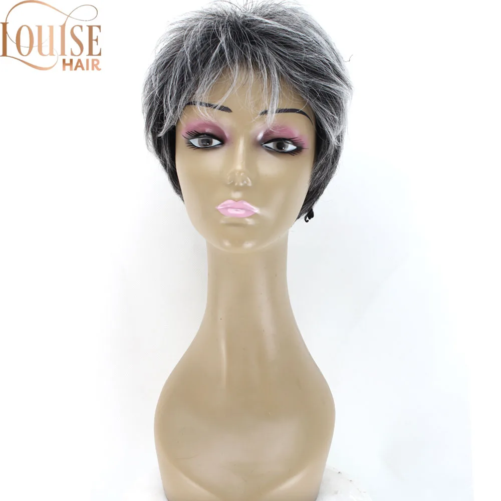 

Louise Hai Wave Short Grey Mix Black Color Wig Two Tone Women's Wigs Side Swept Bangs Synthetic Hair Wig For Older Lady
