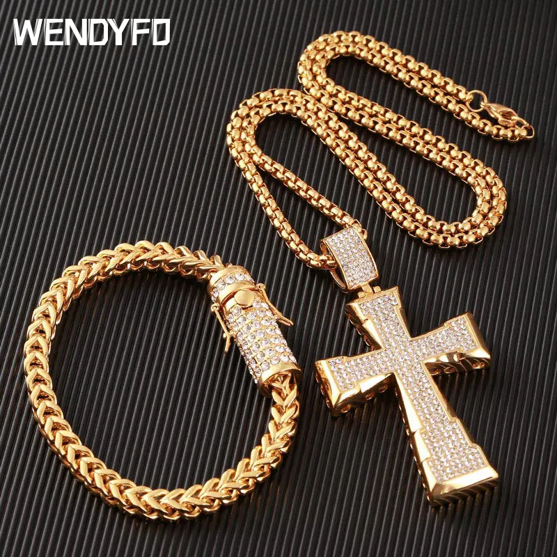 Новый Хрустальный Крест Ожерелье Мужчины Золото Цвет хип хоп из нержавеющей