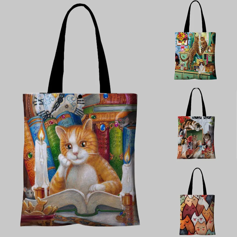 

Women Kawaii Cartoon Cat Print Canvas Bag School Travel Wallet Reusable Shopper Shoulder Bags
