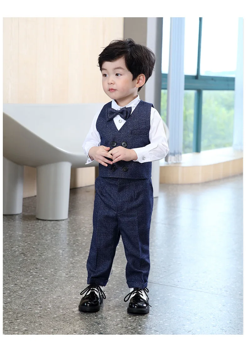 4PCS Little Boy Gentleman Suit Formal clothes Coat Vest Pants Tie bow Outfit Set Khaki Lattice birthday Wedding Party Dress | Детская