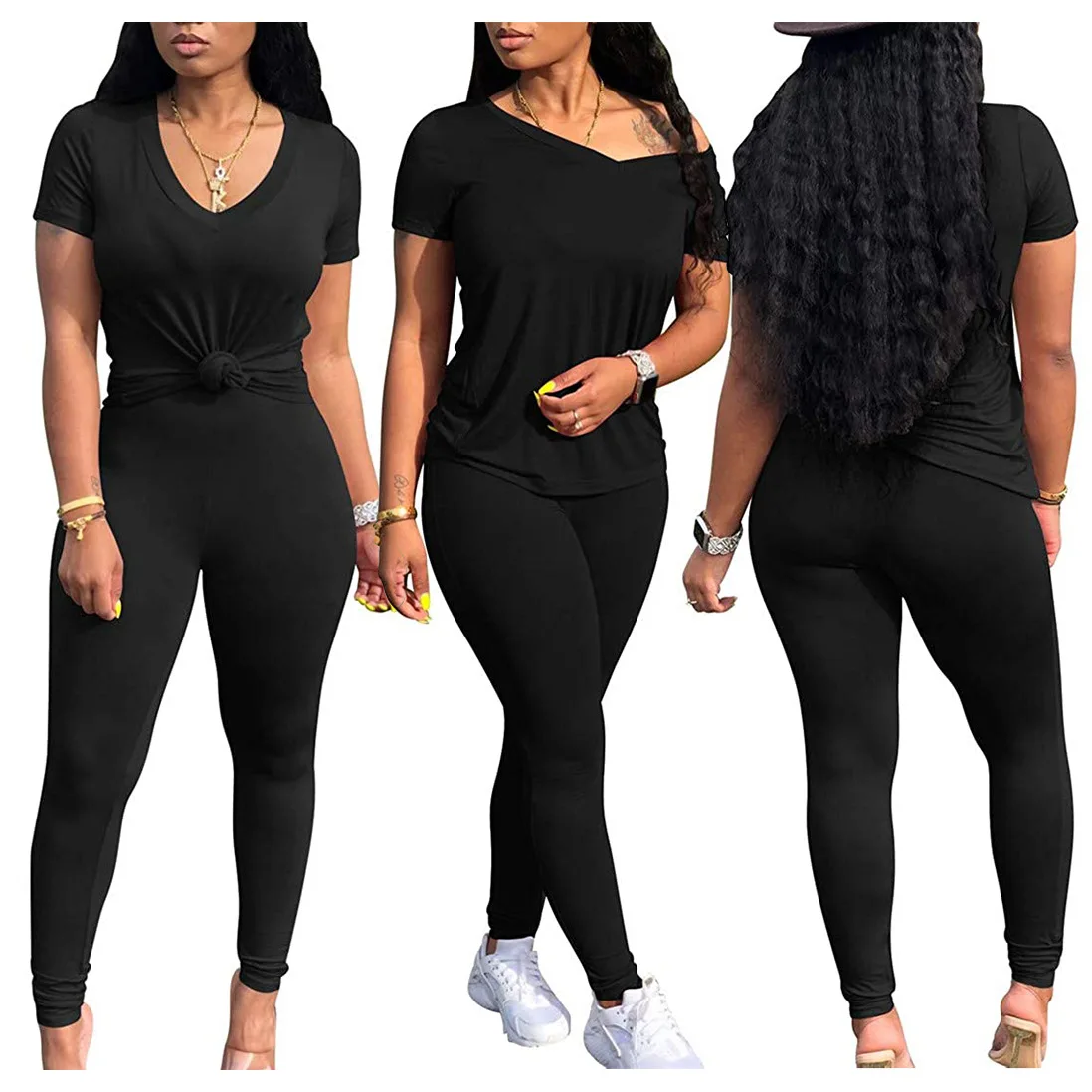 

S-XXL Women's Causal 2 Piece Club Outfits Workout V Neck Tops Shirt Sexy Legging Biker trousers Set