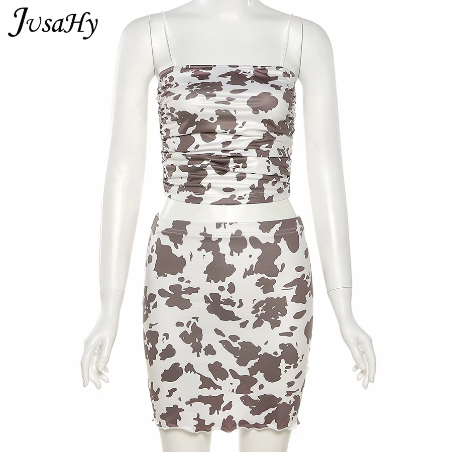 

JusaHy Summer Vintage Print Two Piece Skirt Set for Women Off Shoulder Sleeveless Vest +Shaped-Waist Skirt Suit Female Partywear
