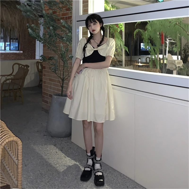 

V Neck Casual Women Dress Lantern Short Sleeve Solid Mini Dress Ladies Elegant A Line Summer Dresses 2021 A447