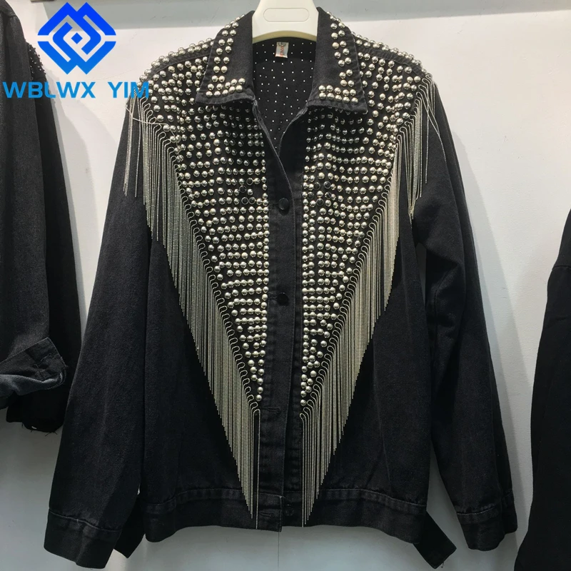 

Streetwear Women Denim Jacket Short Coat Diamonds Tassel Rivets Fashion Lapel Long sleeve Jeans Jacket Female Loose Jeans Coat
