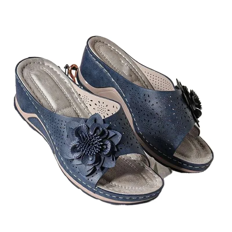 

Ladies Summer Slope with Flowers Mid-heel Open-toe Sandals and Slippers Seaside Retro Beach Breathable Non-slip Women's Shoes