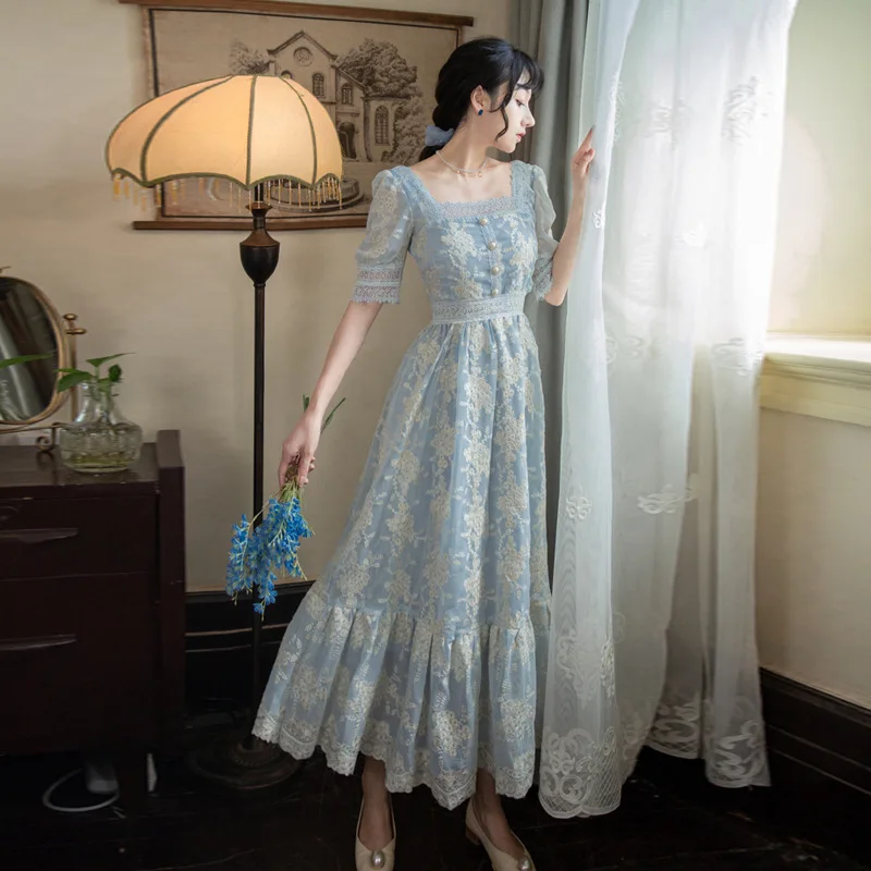 

Милые мягкие платье трапециевидной формы для девочек платье 2021 летнее кружевное платье с вышивкой, декорированные кнопками, Вечерние Плать...