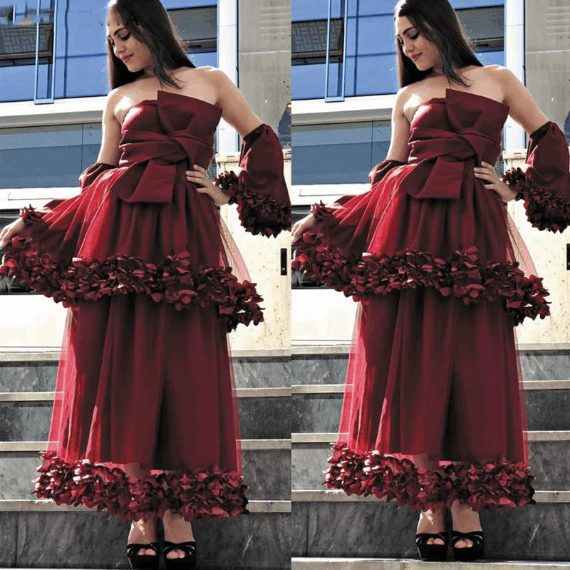 sexy prom dresses burgundy strapless neckline tiered ruffle bowknot ankle length long evening gowns | Свадьбы и торжества