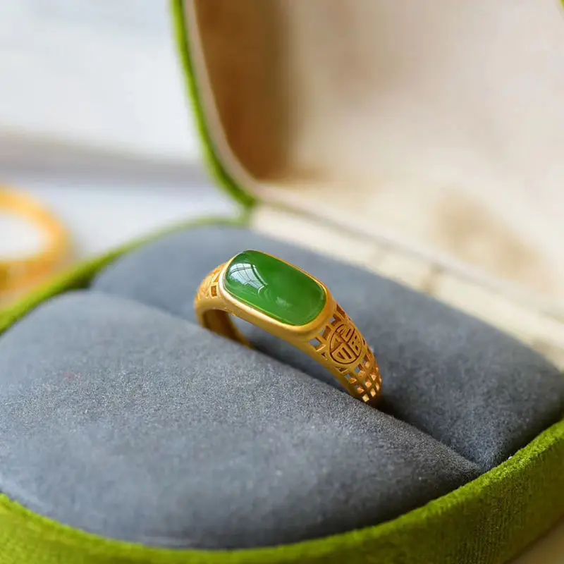 

Natural Jasper Fu Character Open Ring S925 Sterling Silver Ancient Gold Craft Vintage Court Style Lasting Birthday Gift