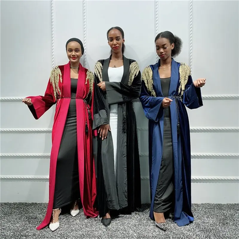 Бархатное кимоно абайя с блестками, кардиган, мусульманское платье-хиджаб, Абая для женщин, халат, кафтан, Дубайский кафтан, марокканский, Ка...