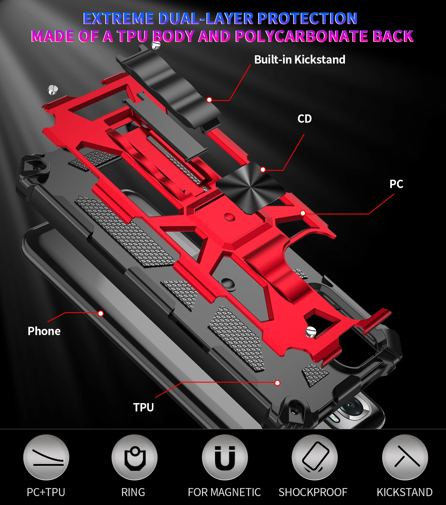 

Fashion Anti Fall Heavy Kickstand Phone Case For Xiaomi Redmi Note 10S 10 Pro Max 4G Car Rugged Armor Magnetic Protection Cover