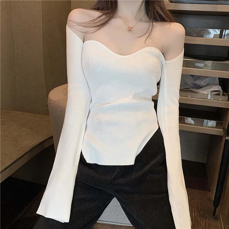 Цельный вязаный свитер весна-осень 2020 пикантный Женский пуловер без бретелек с