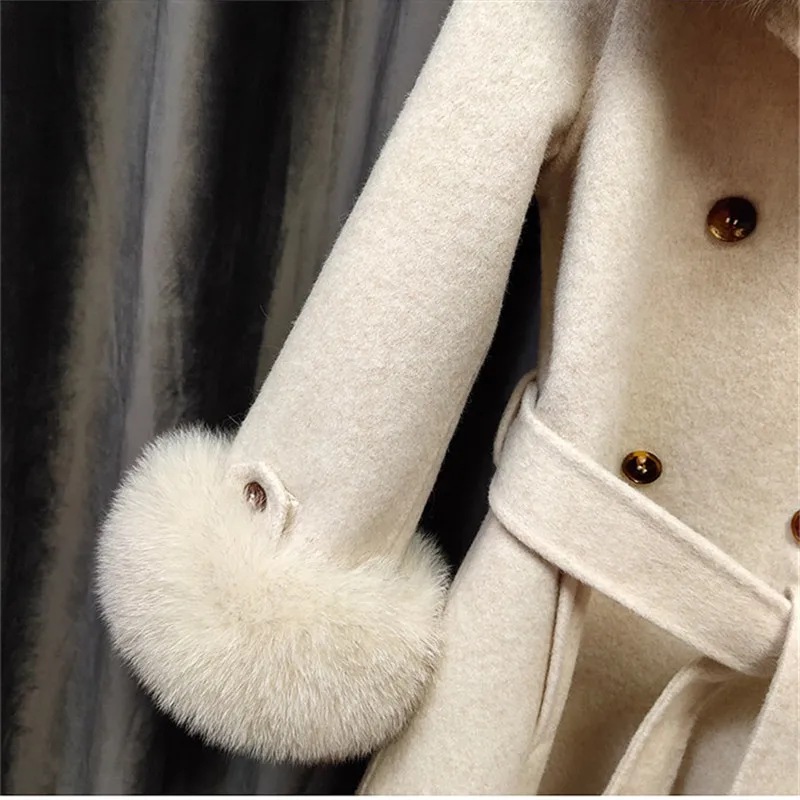 

2021 New Real Fur Coat Natural Fox Fur Collar Winter Jacket Women Wool Blends Slim Medium Long Outerwear Belt Ladies Streetwear