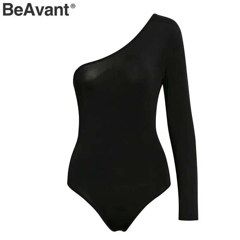BeAvant Sexy one shoulder bodysuit women Autumn winter slim Party club black ladies overalls 2019 solid female jumpsuit romper |