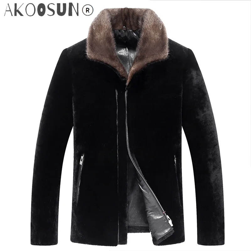 

AKOOSUN Men Real Pure Natural Fur Coat Luxury Real Mink Fur Collar Coat Men Real Sheep Shearling Fur Jackets XJL-7006 MY745