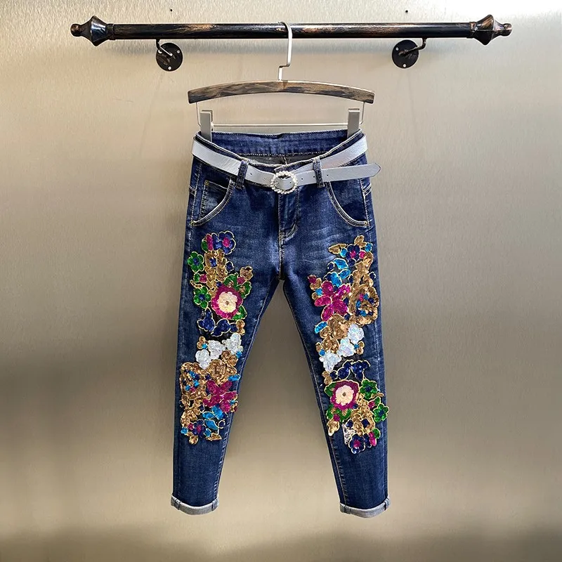 

Colored Sequins Embroidery Flowers Denim Trousers Office Lady Skinny Pencil Pant Button Straight Jeans Blue Women Streetwear