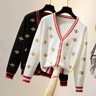 Высококачественный модный дизайнерский кардиган с вышивкой пчелы, однобортный кардиган с длинными рукавами контрастного цвета, повседневный вязаный свитер с v-образным вырезом