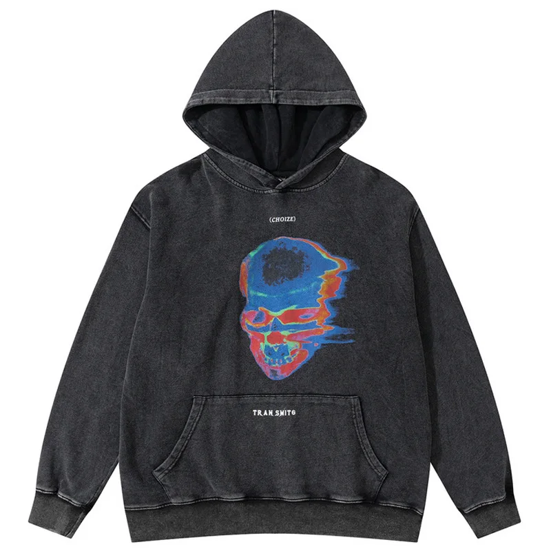 

Mens Gothic Hoodie Sweatshirt Streetwear Distressed Skeleton Skull Printed Hooded Mens Loose Cotton Long Sleeve Retro Pullover