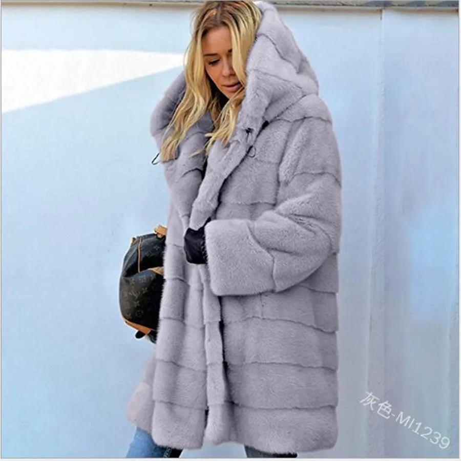 Winter Jacket High-end Imitation fur Coat Women Plush Fur Warm Jacket Female Imitation Mink Thick Long Hooded plus size 5XL Coat - Цвет: Серый