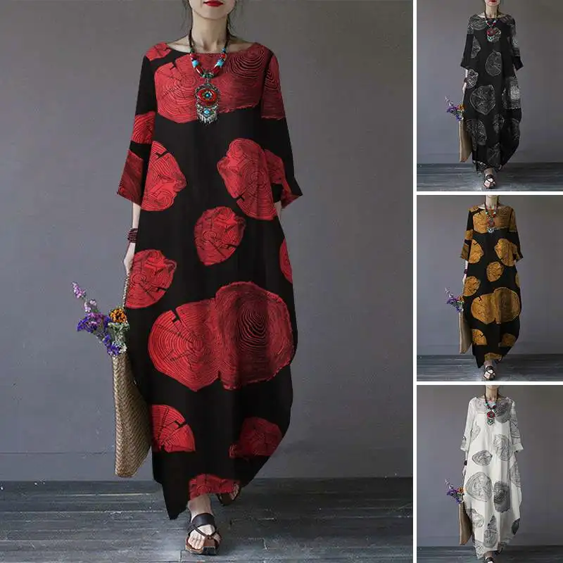 ZANZEA Women Vintage Floral Printed Dress Autumn 3/4 Sleeve Cotton Linen Sundress Kaftan Femme Loose Baggy Maxi Long Vestidos | Женская