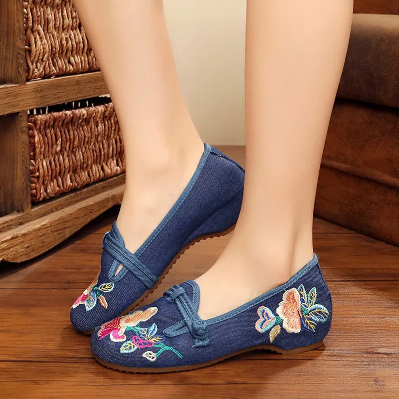 Veowalk Flower Embroidered Women Canvas Ballet Flats Ladies Slip on Comfortable Denim Cotton Shoes No-skid Bottom Ballerine | Обувь