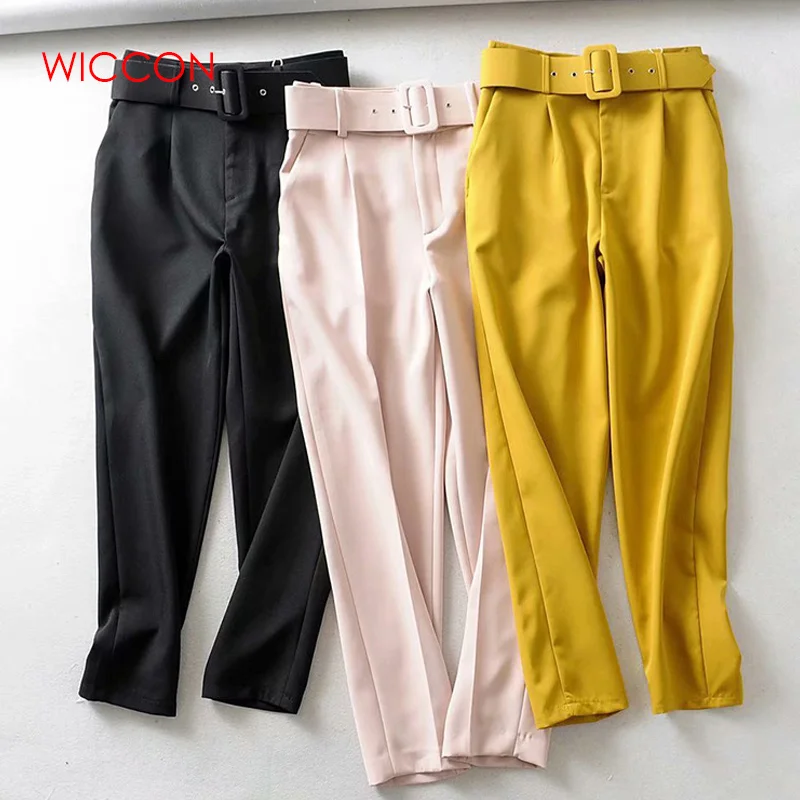 Женские шаровары с поясом повседневные брюки высокой талией розового и желтого