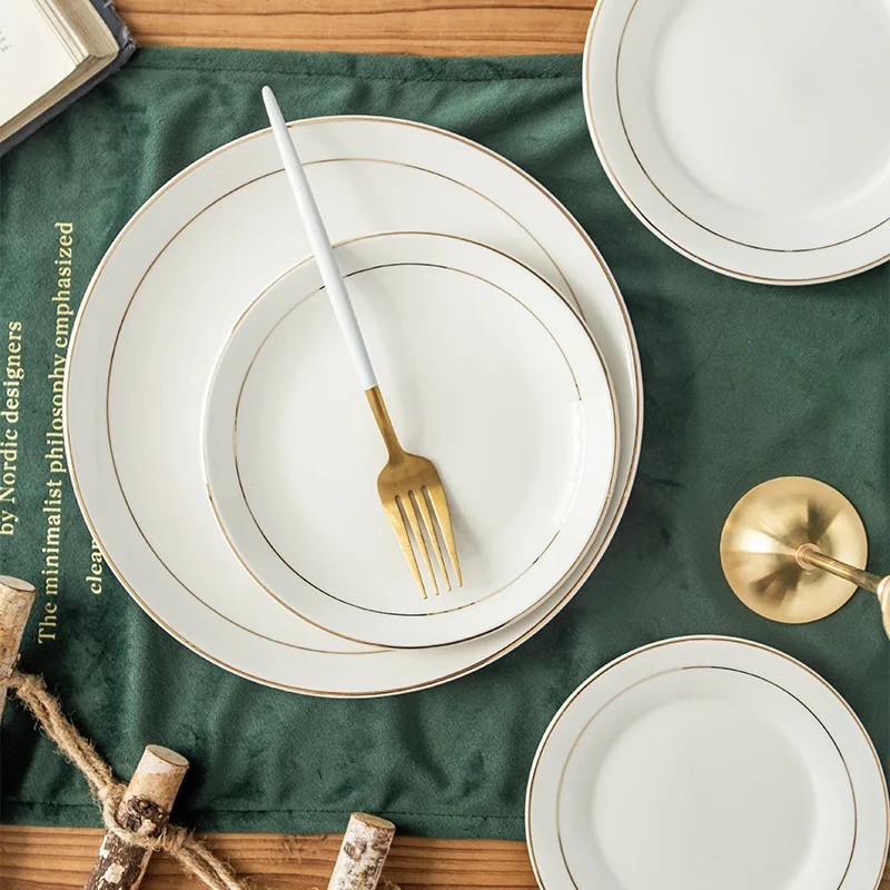

8" /10" Porcelain Dinner Plate White Golden Edge Steak Food Salad Ceramic Dessert Dishes For Serving Dinnerware Restaurant Hotel