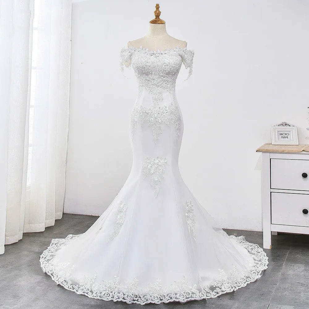 

Кружевное Свадебное платье русалки с бисером 2022 жемчужное красивое платье с аппликацией со шлейфом на шнуровке белое свадебное платье руса...