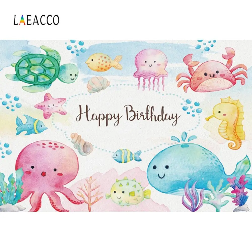 

Laeacco Fish Whale Dolphin Watercolor Baby Birthday Party Starfish Poster Photo Background Photography Backdrop For Photo Studio