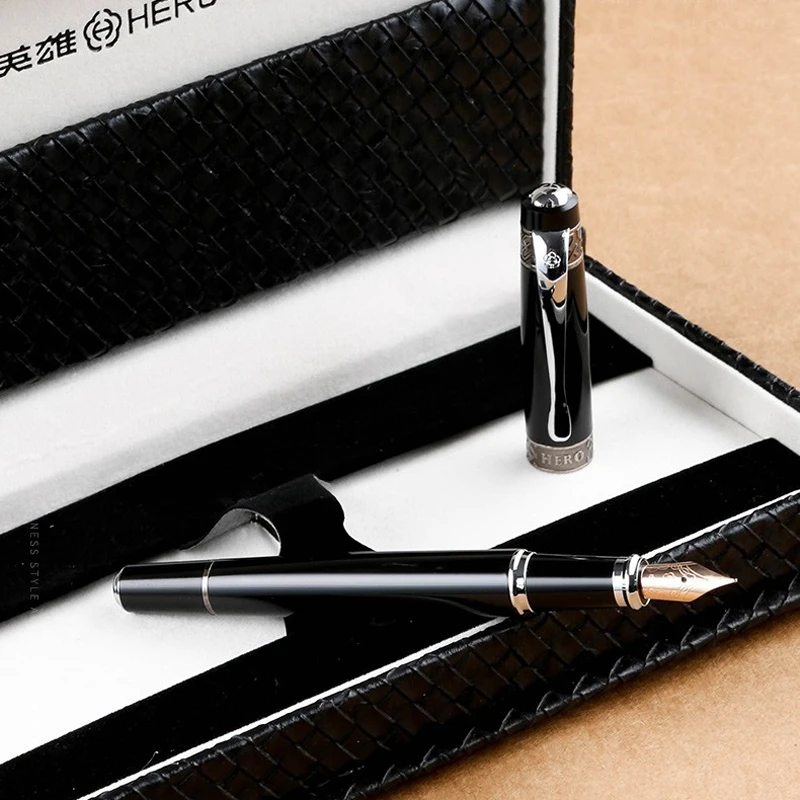 Hero 100 12K Gold Great Metal Black Fountain Pen New Emperor Authentic High Quality Ink Pen Collection Box Writing Gift Set