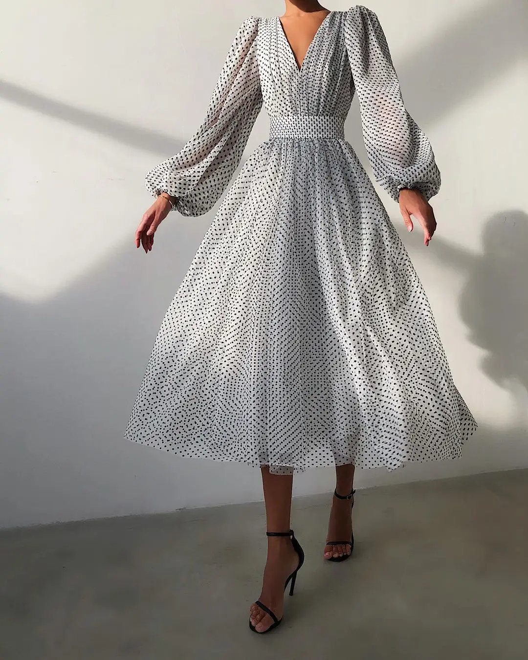 

2021 New Fashion Skirt Elegant Lady Bubble Sleeve Polka Dot Dress Internet Celebrity Same Style Women's Dress