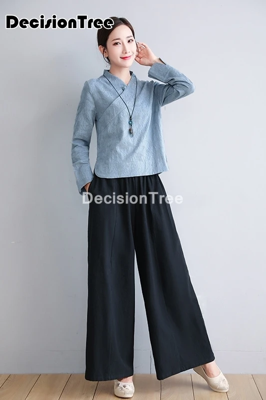 

2021 retro chinese style new cheongsam suit vintage qipao shirt top and wide leg pants elegant oriental lady set suit