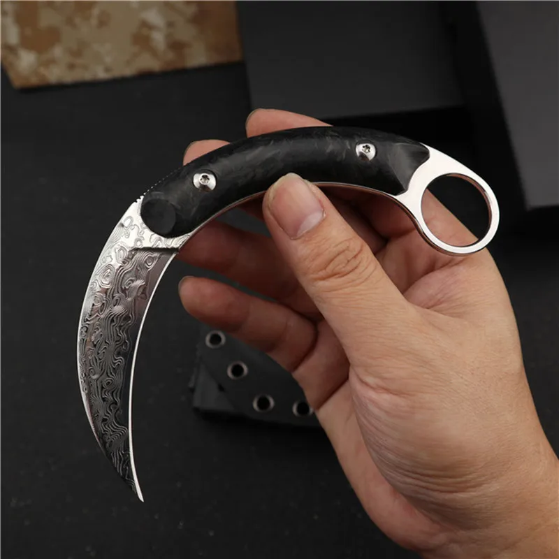 HS инструменты дамасское лезвие Karambit углеродное волокно ручка тактический охотничий Открытый нож кемпинг выживания битва Фиксированное Лезвие Нож