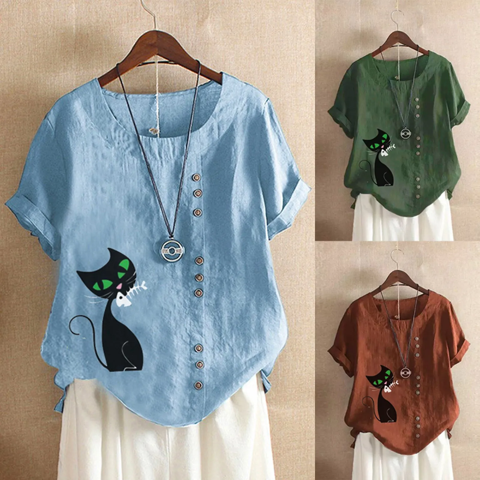 

Women T-shirts Casual O-Neck Printed Loose Tops Summer Ladies Button Tunic Shirt Blouse Cotton Shirt Blouse camisetas de mujer