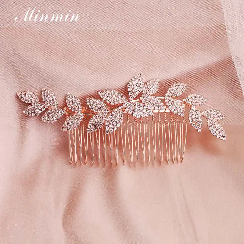 Уникальные свадебные гребни Minmin в форме листа с кристаллами Rosegold стразы