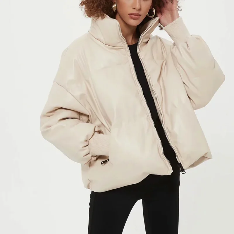 2021 Women's Winter Jacket Thick Leather Long Sleeve Parkas Puffer Woman Top Faux Women's Jacket Casual Beige Pu Padded Coats