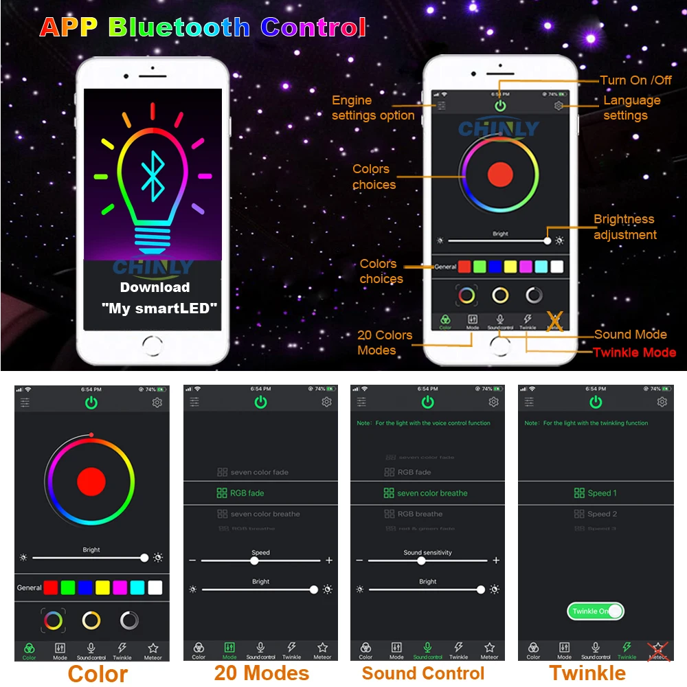 Волоконно-оптический светильник Smart Bluetooth управление через приложение 32 Вт