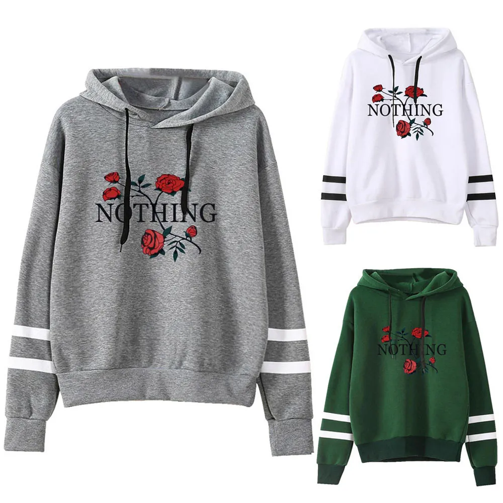 

Womens Vintage Rose Print Letters Long Sleeve Hoodie Loose Sweatshirt Hooded Drawstring Tops Pullover Autumn Winter Warm Jumper