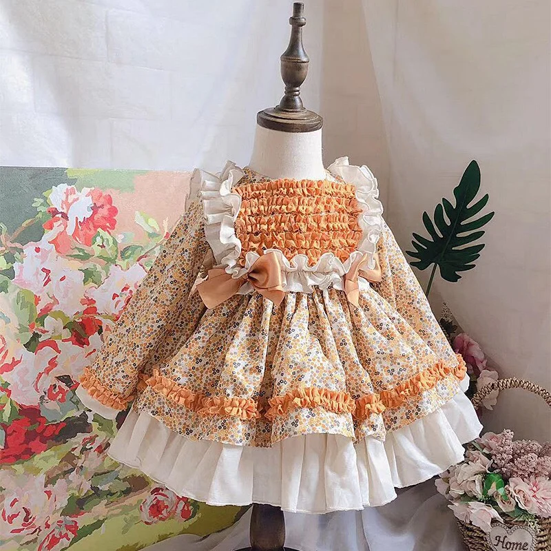 От 0 до 7 лет осенне-зимнее желтое бальное платье принцессы с длинными рукавами и