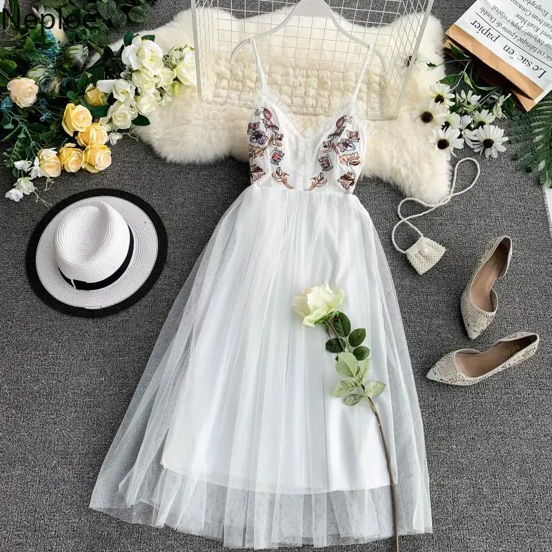 Neploe Лето 2019 женское платье Милая Вышивка оборки Camis Vestido французский